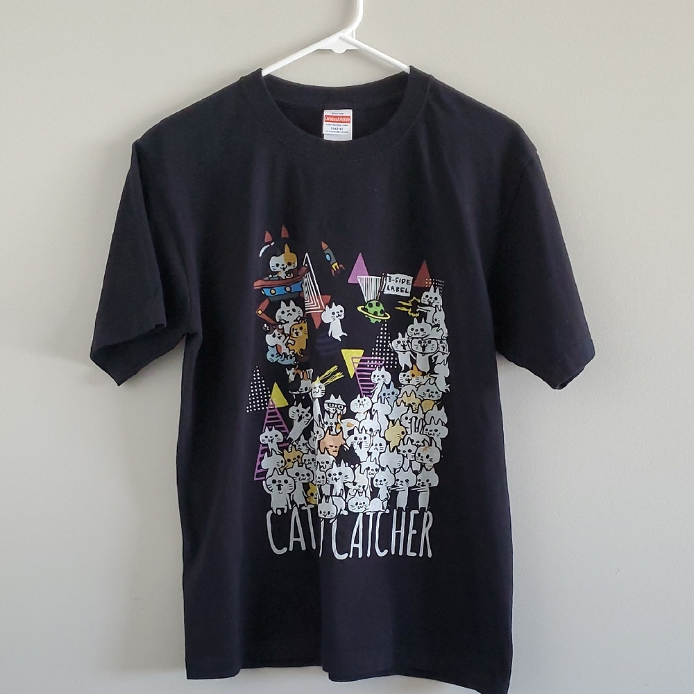 United Athle Black Cat Ufo Catcher Graphic Printed T-Shirt Tee Sz M Streetwear